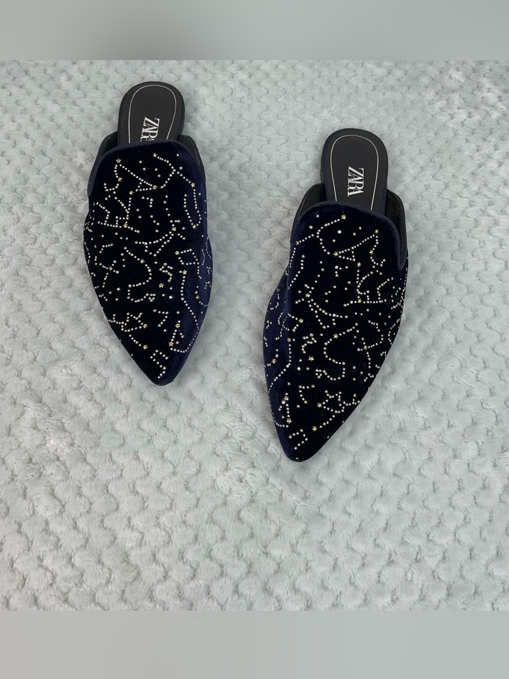 Zara Navy Blue Constellation Embellished Pointed Toe Mules Size 37